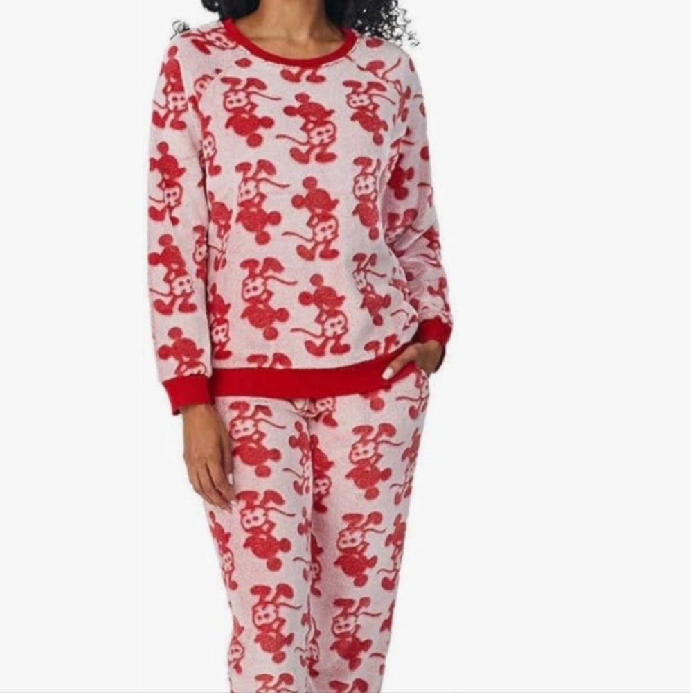 Disney World Mickey Mouse Womens XL Pajama Set Plush Lounge Red White Cozy‎